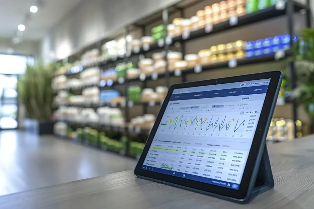 Employé scannant une boîte dans une réserve organisée avec rayonnages et étiquettes de stock génériques
