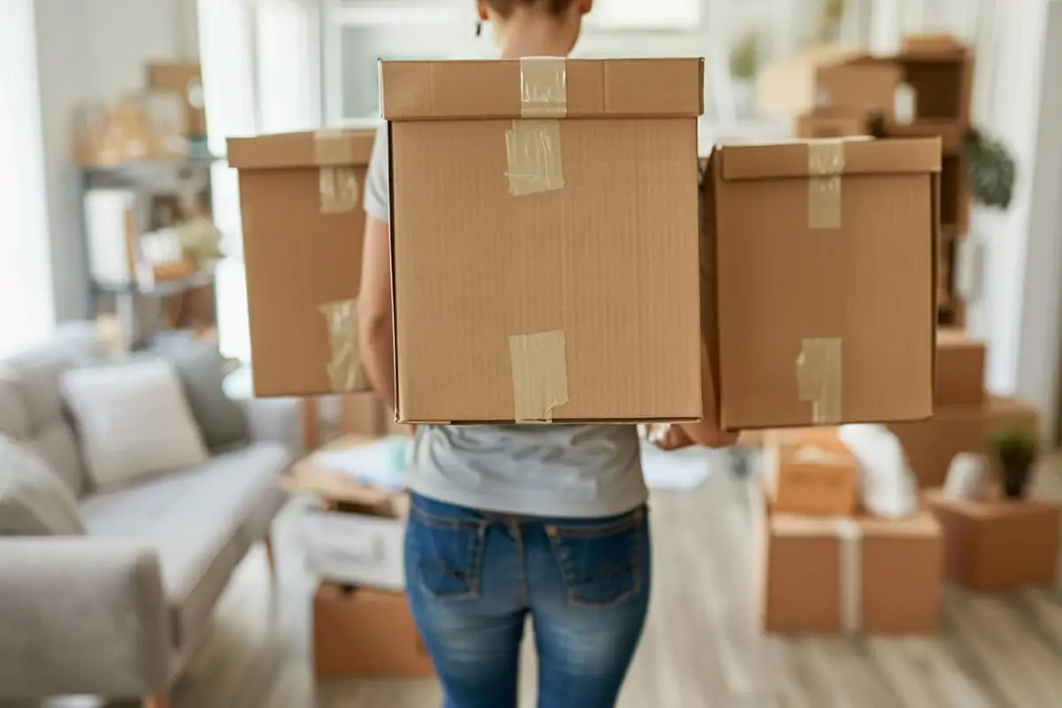 Cartons étiquetés, ruban adhésif et plan de logement préparés pour un déménagement organisé