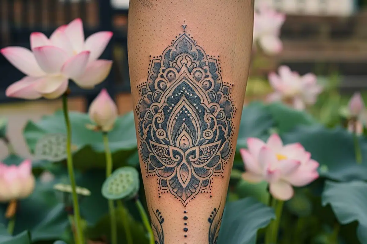 Projet de tatouage inspiré du bouddhisme préparé sur un avant-bras dans un studio propre et lumineux