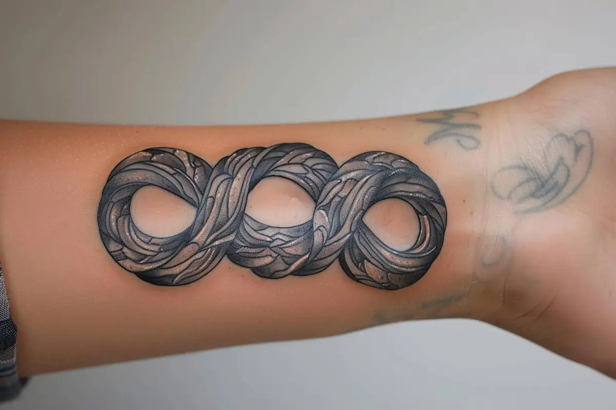 Pochoir d’un tatouage infini posé sur un avant-bras dans un studio de tatouage propre et lumineux