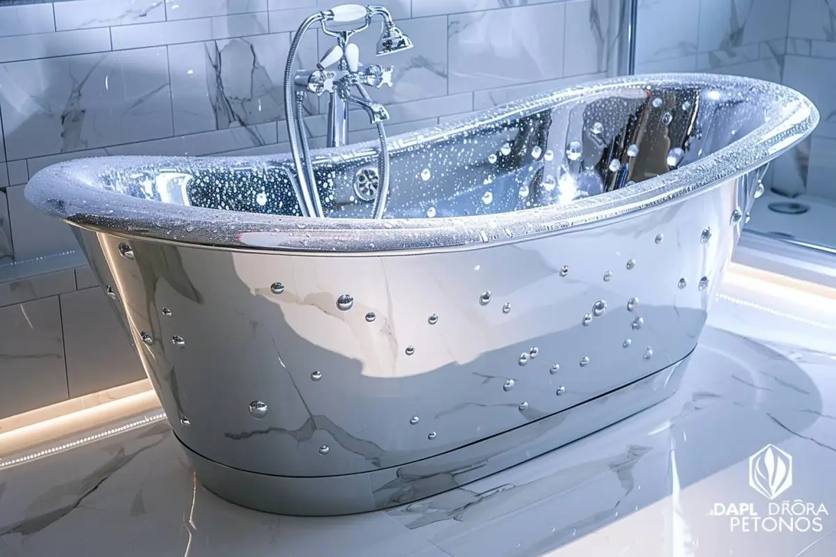 Baignoire blanche propre avec robinetterie, bonde et trop-plein en chrome brillant dans une salle de bains lumineuse