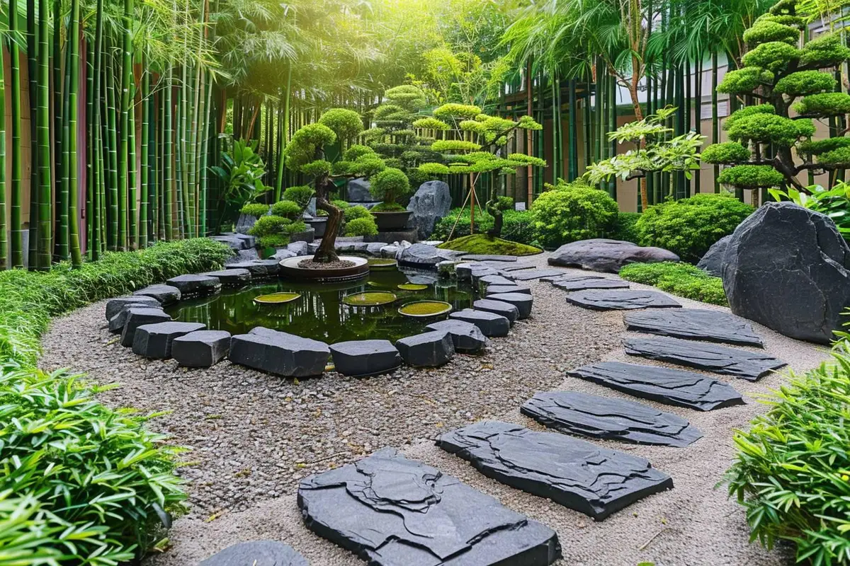 Petit jardin zen avec gravier ratissé, pierres naturelles, érable et banc en bois dans une cour végétalisée