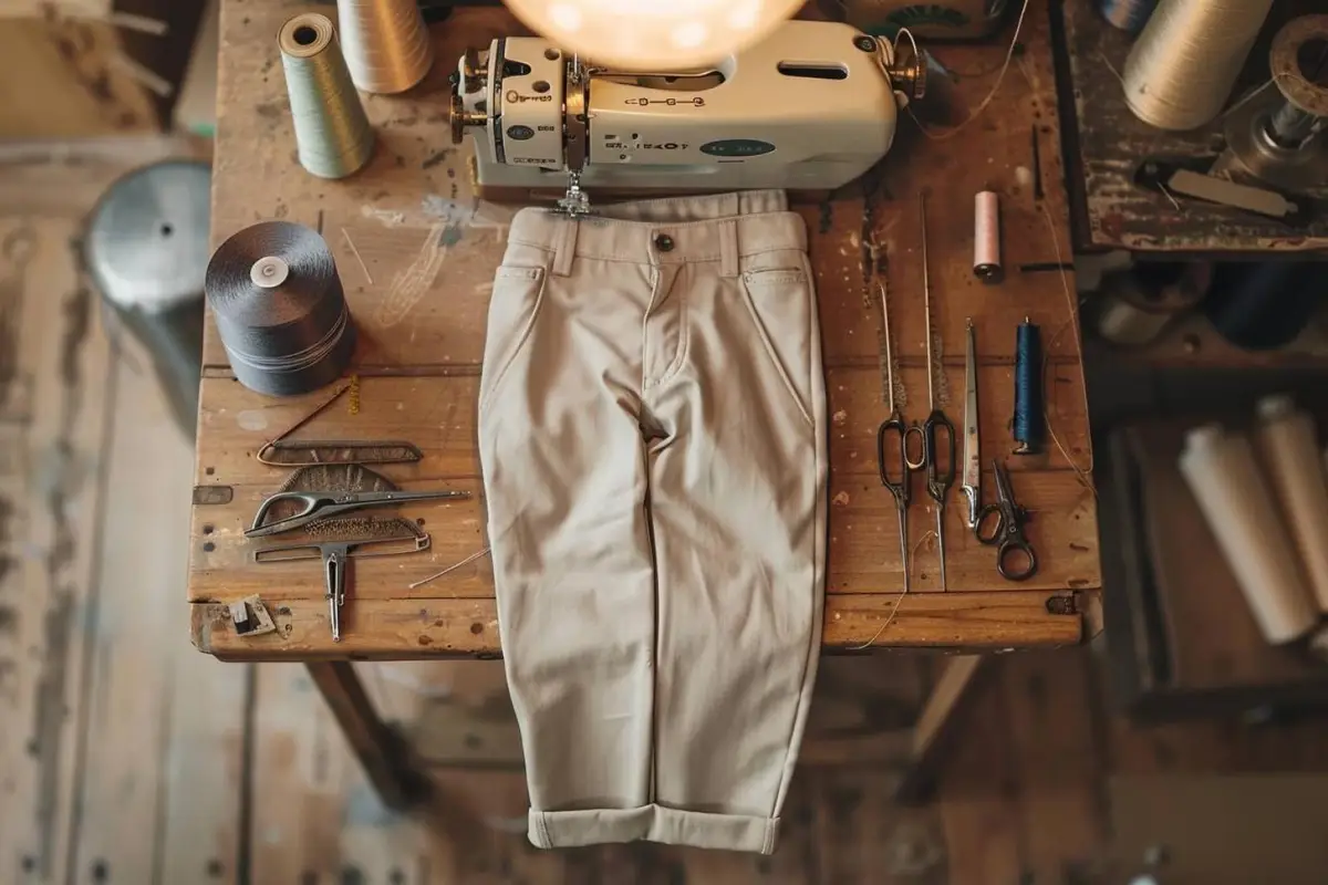 Mains traçant et épinglant le bas d’un pantalon bleu avant de réaliser un ourlet net