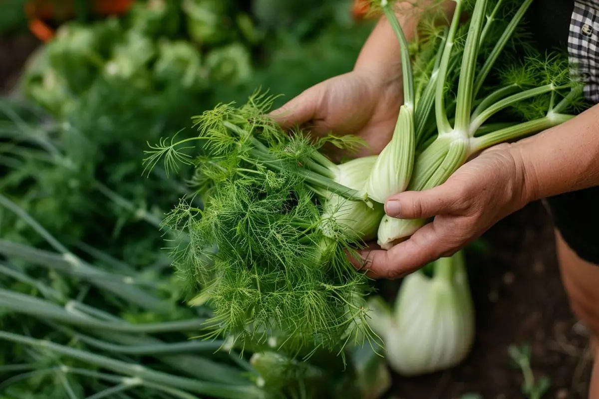 Mains coupant un bulbe de fenouil ferme au ras du sol dans un potager paillé en fin d’été