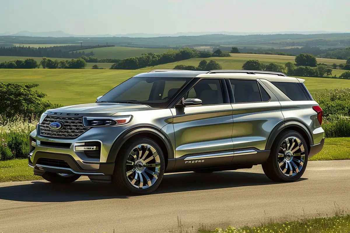 SUV électrique Ford Explorer 2024 branché sur une borne de recharge rapide, vu de trois quarts avant