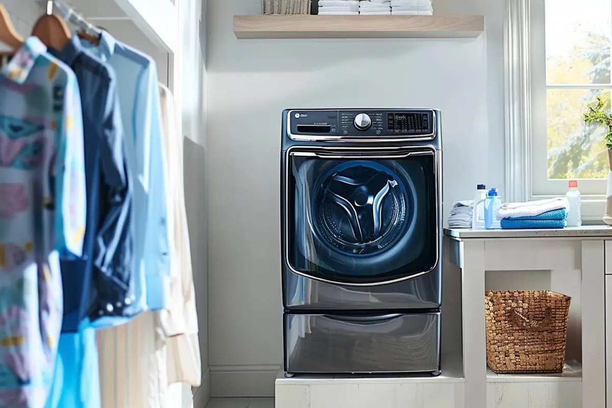 Tri de linge clair et foncé devant un lave-linge à hublot, avec serviettes pliées et bac à lessive ouvert