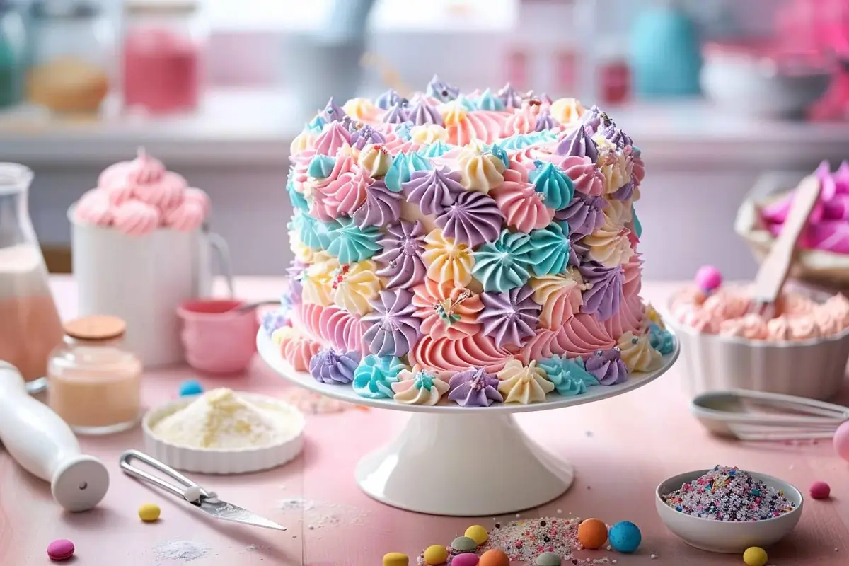 Gâteau chiffre à deux étages garni de crème, fruits rouges, pistaches et petites meringues sur un plat clair