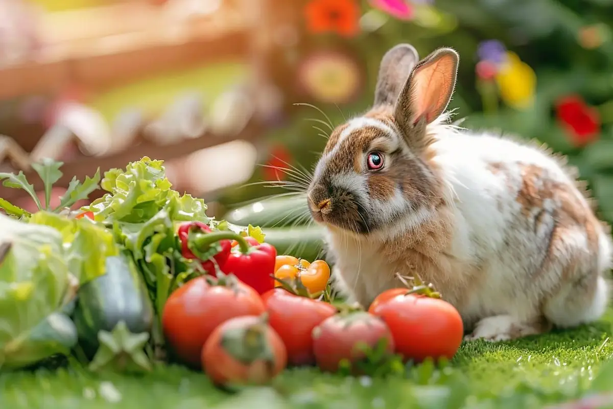 Lapin domestique mangeant du foin, avec légumes adaptés et aliments dangereux rangés à l'écart