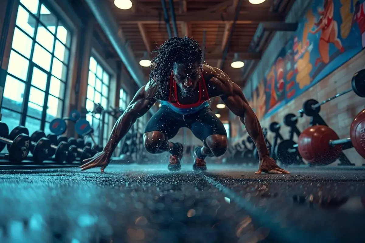 Participants suivent un cours collectif de fitness avec squats, tapis et élastiques dans une salle lumineuse.