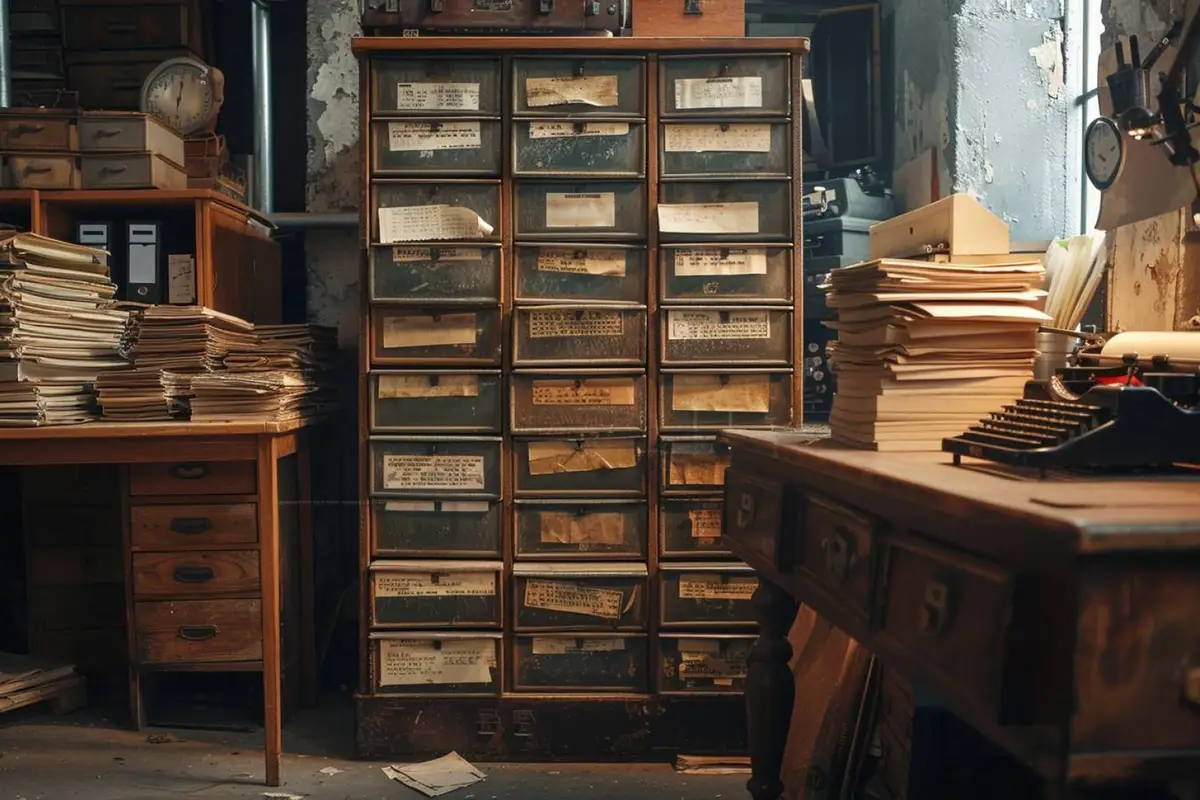 Archives papier, ordinateur et disque de sauvegarde organisés dans un espace de travail d’entreprise sécurisé