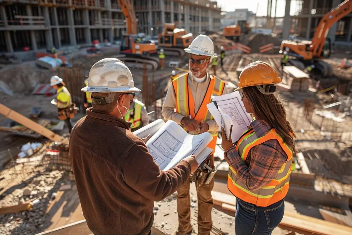 Professionnels réunis autour de plans lors d’une réunion de coordination sur un chantier de grande ampleur
