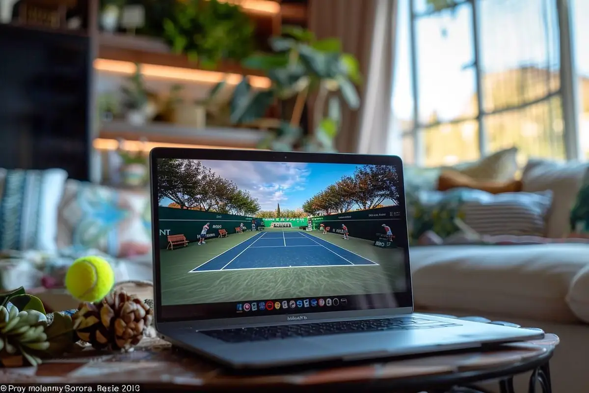 Court de tennis en terre battue prêt pour un match diffusé en direct, avec raquette et balles au premier plan