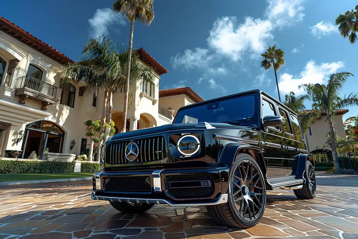 Habitacle en cuir noir et écrans numériques d’un SUV de luxe G63 AMG vu depuis la porte conducteur