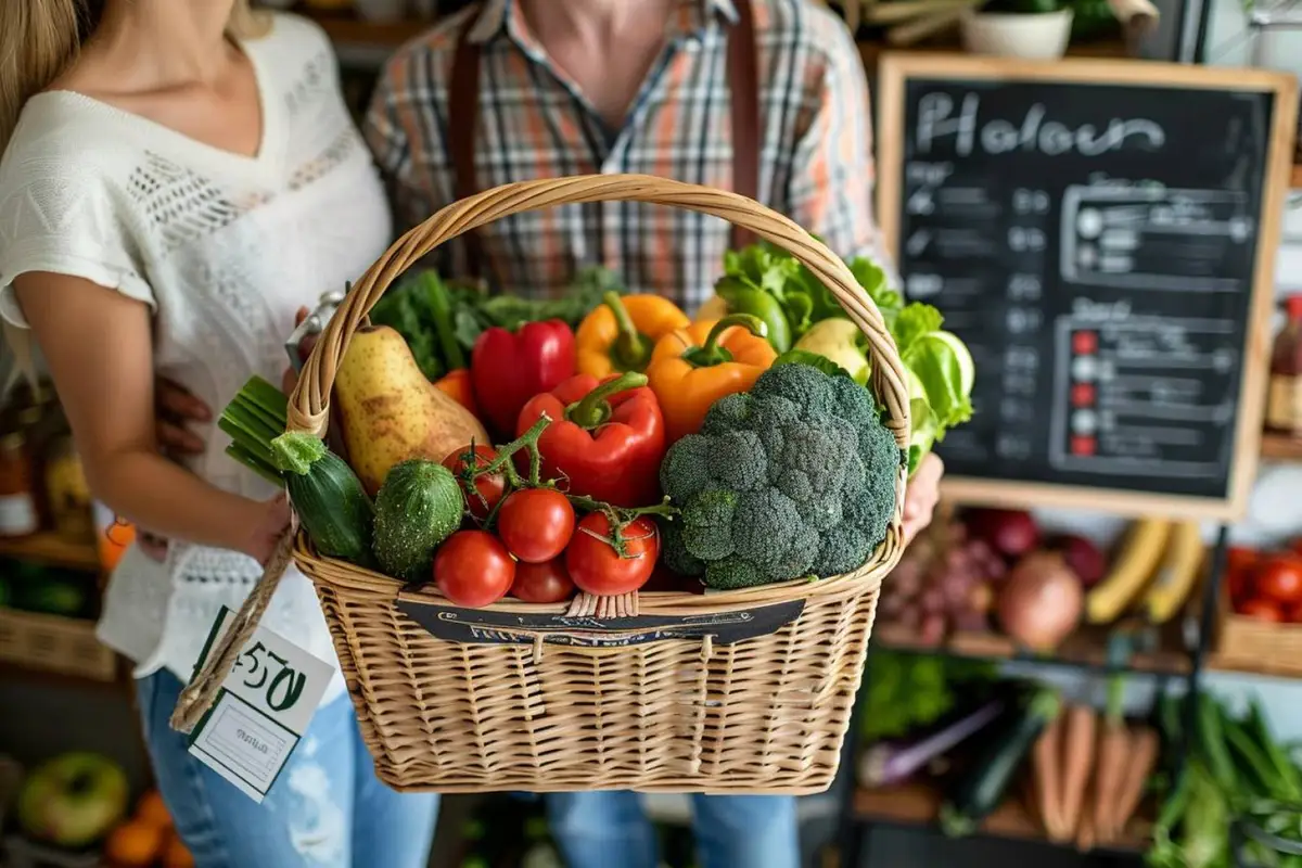 Panier de courses économique avec légumes, œufs, légumineuses, pâtes et fruits pour deux personnes