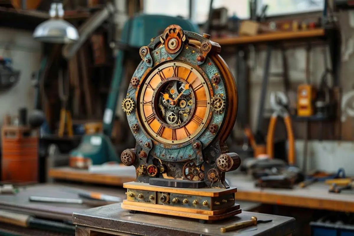 Montage d’une horloge DIY sur un établi avec cadran en bois, mécanisme à quartz et aiguilles noires