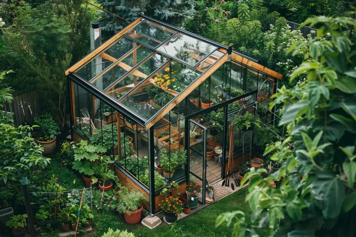 Mini serre de jardin en bois et polycarbonate ouverte, avec des caissettes de jeunes semis à l’intérieur