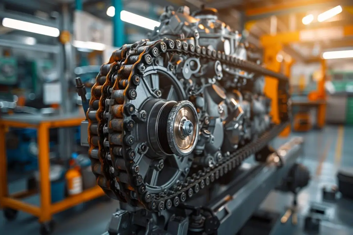 Kit de courroie et éléments de chaîne de distribution posés près d’un moteur dans un atelier automobile