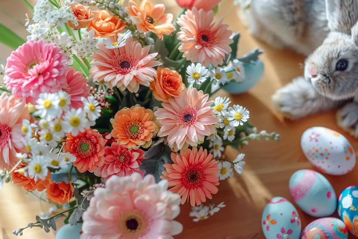 Table de Pâques décorée de tulipes jaunes, d’œufs pastel et d’un chemin de table vert tendre
