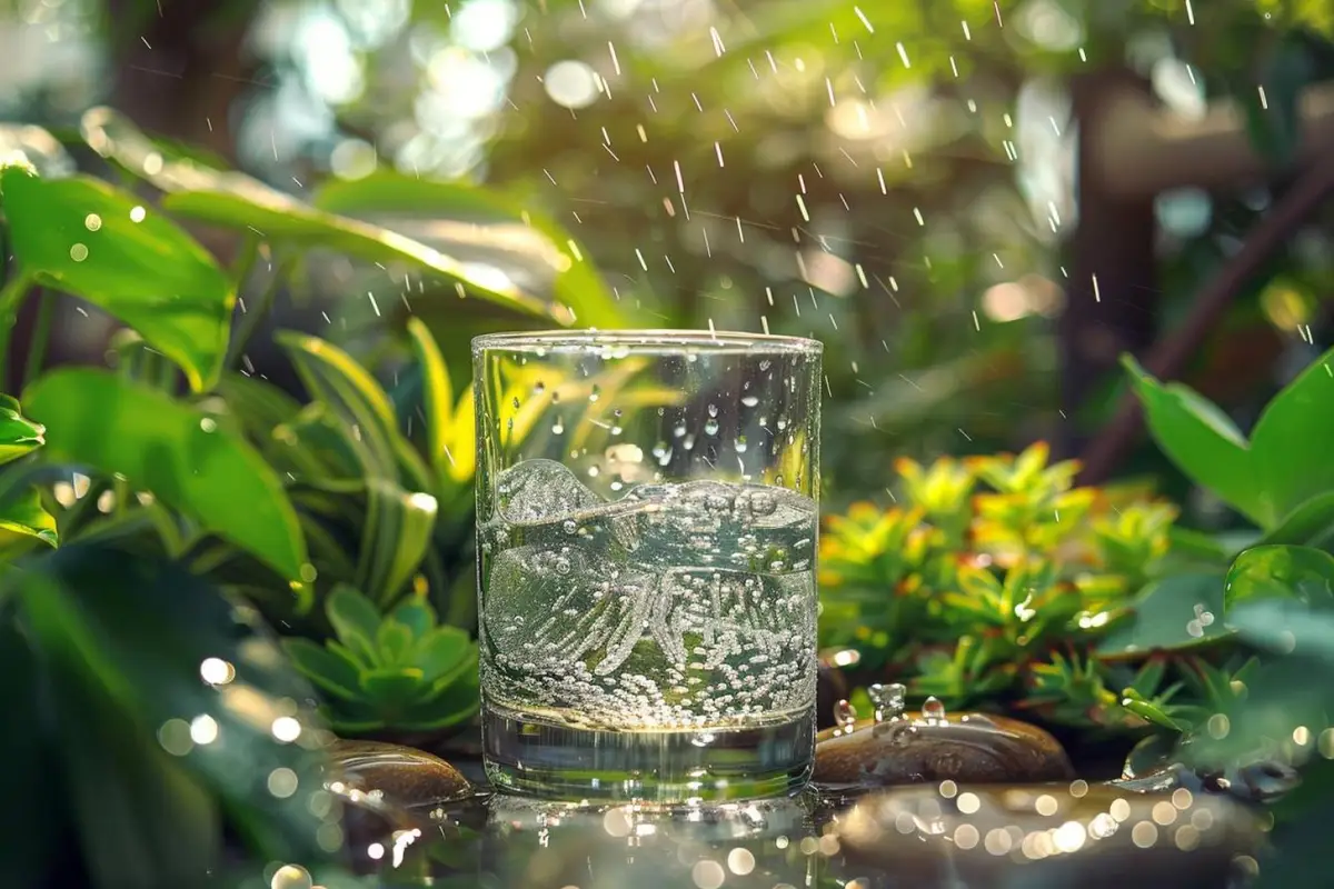 Cuve opaque de récupération d’eau de pluie reliée à une gouttière dans un jardin après une averse