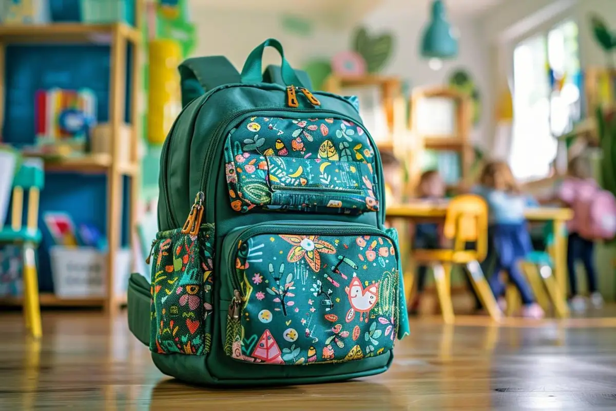 Cartable scolaire structuré posé sur un banc avec cahier grand format, trousse et gourde pour la rentrée