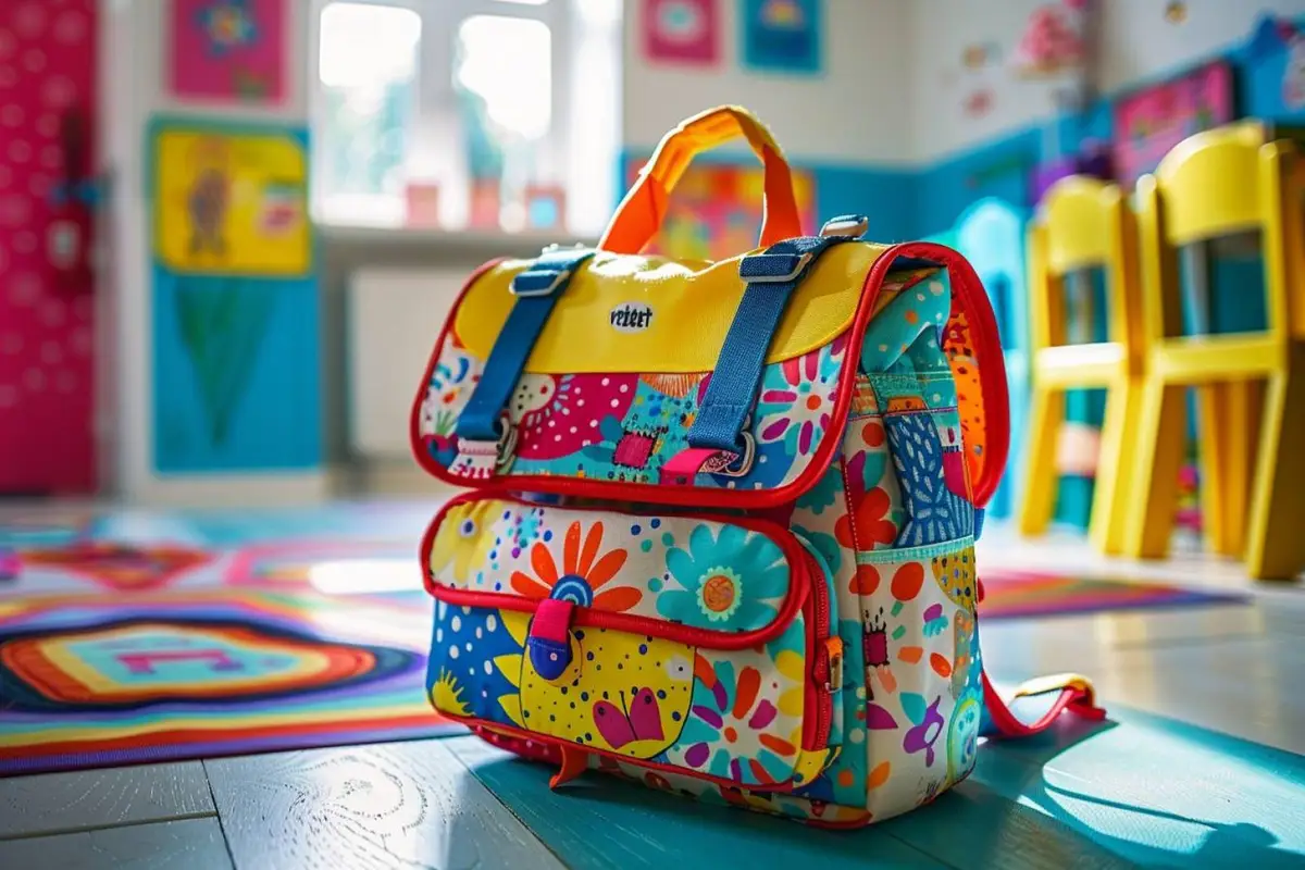 Cartable coloré ouvert avec cahiers, trousse et gourde rangés pour vérifier son format avant la rentrée