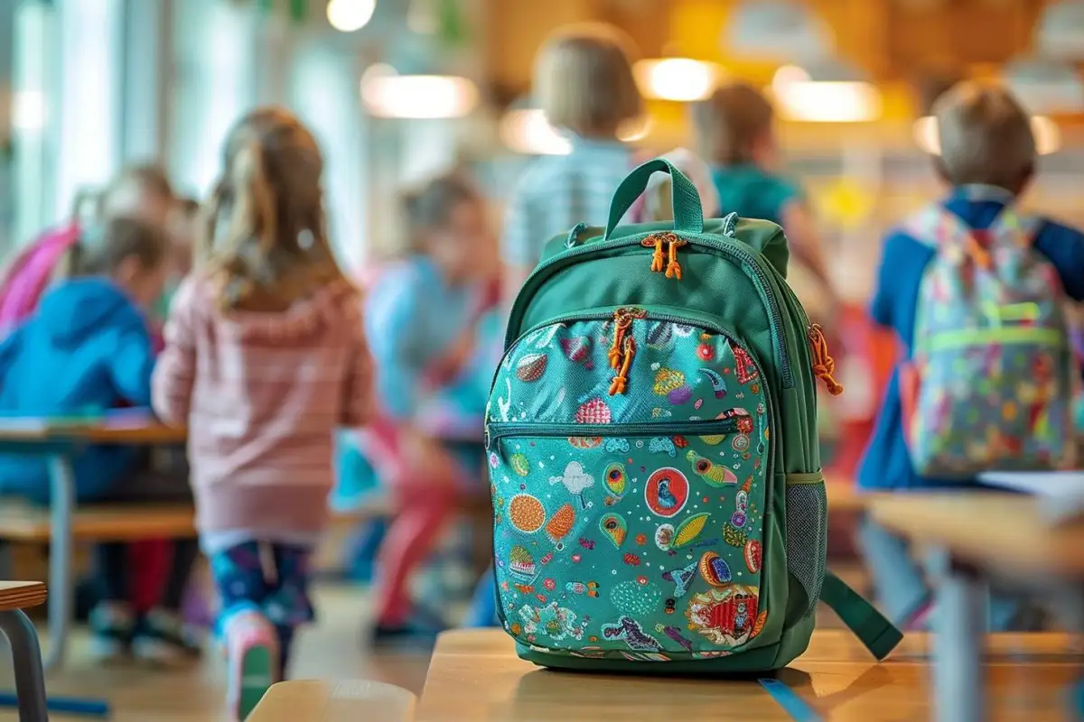 Cartable scolaire bleu marine ouvert sur une table avec cahiers 24 × 32 cm et bretelles rembourrées visibles