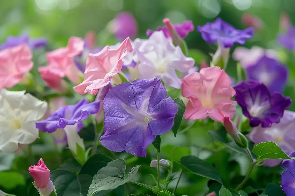 Ipomées violettes et bleues grimpant sur un treillis en bois dans un jardin ensoleillé du matin