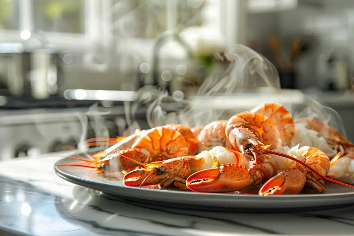 Langoustines entières roses égouttées dans une passoire, avec citron et casserole d’eau fumante