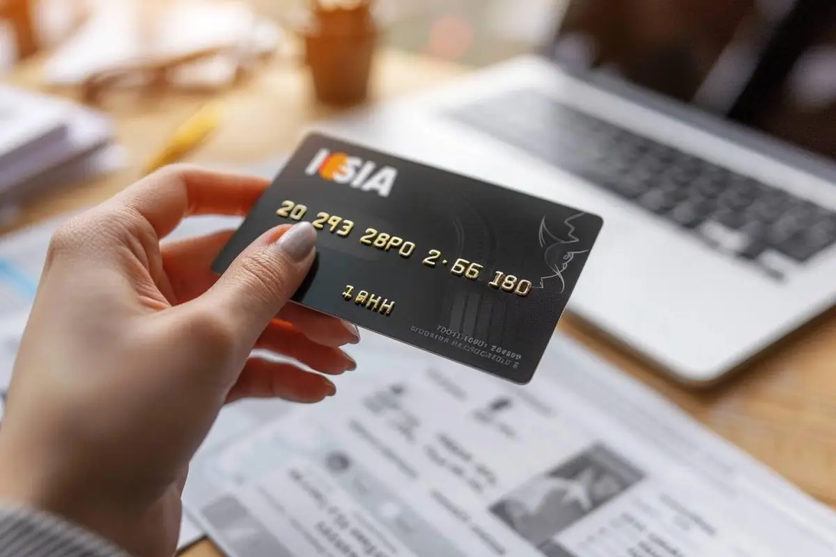 Main tenant un smartphone bancaire près d’un relevé d’identité bancaire posé sur un bureau lumineux
