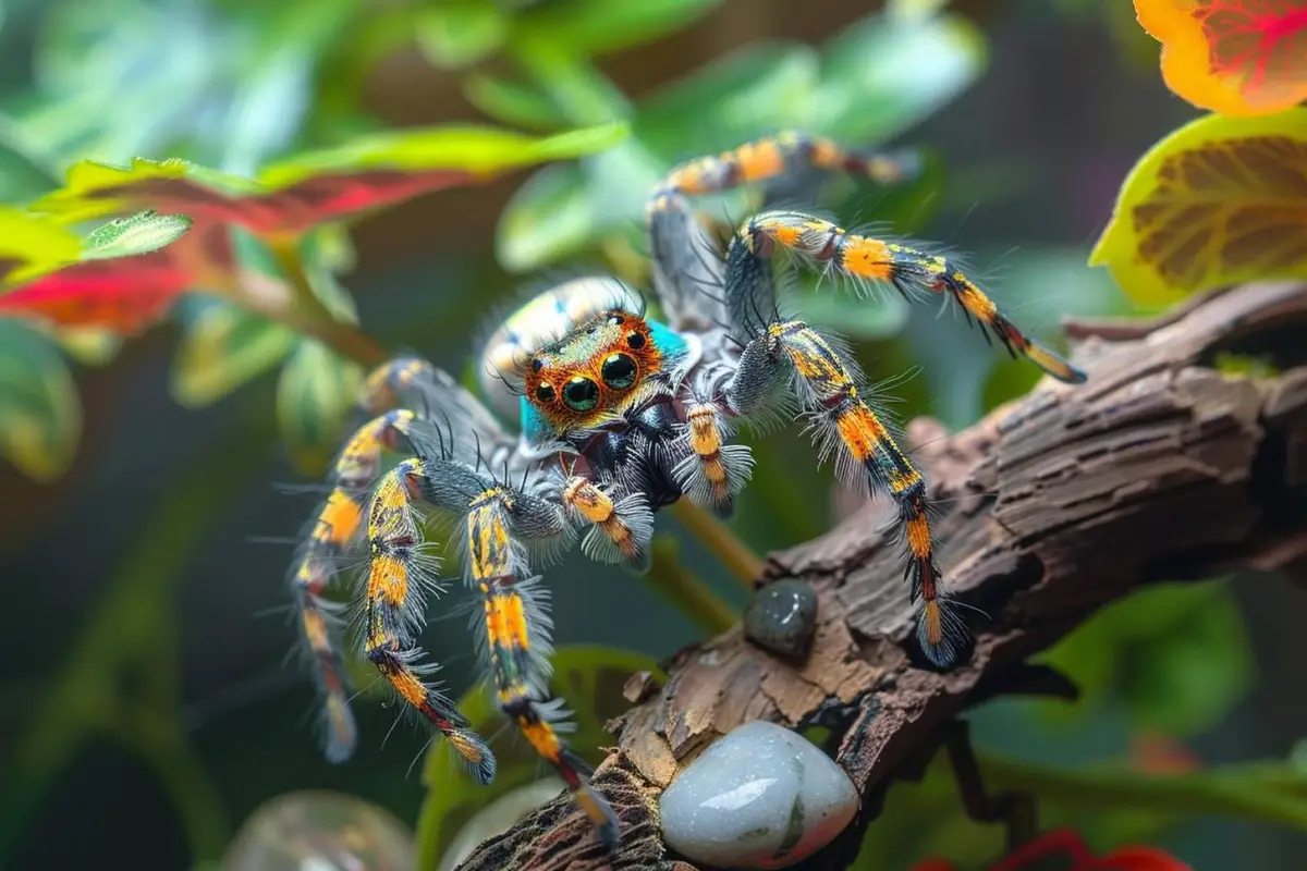 Araignée sauteuse noire et blanche posée sur une branche dans un petit terrarium vertical bien aménagé.
