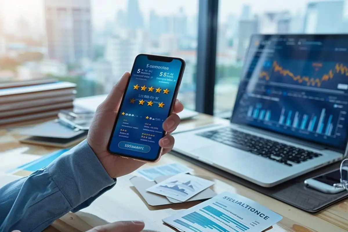 Commerçant consultant des avis clients sur ordinateur et smartphone dans son espace de travail