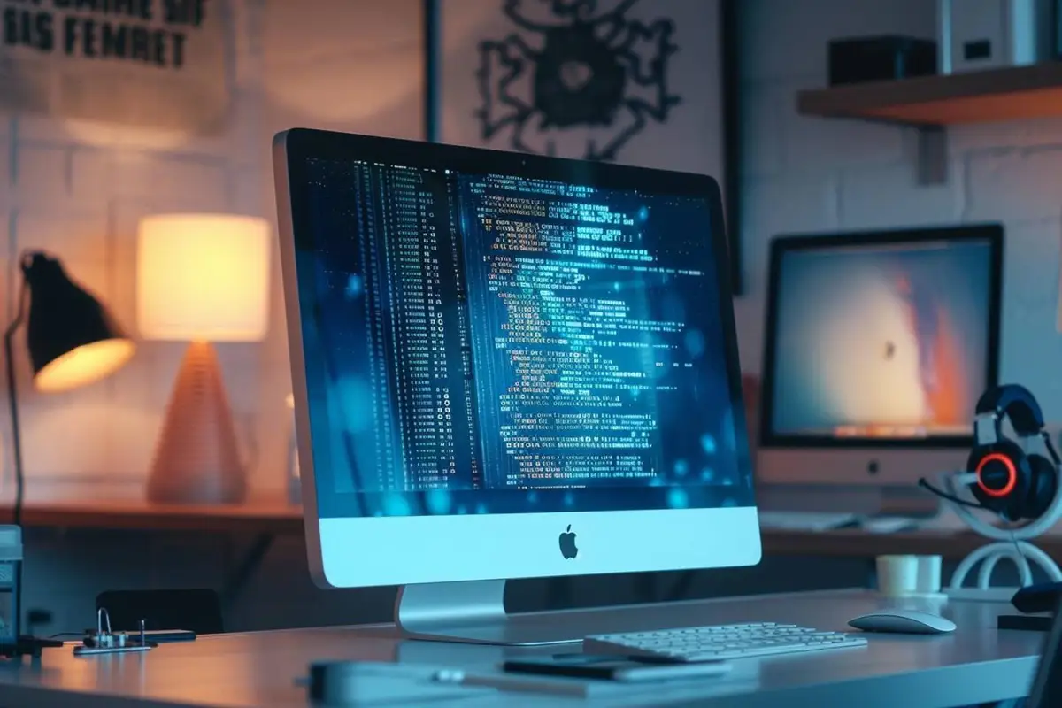 Macintosh PowerPC ancien posé sur un bureau, avec clavier translucide, câbles et matériel de maintenance
