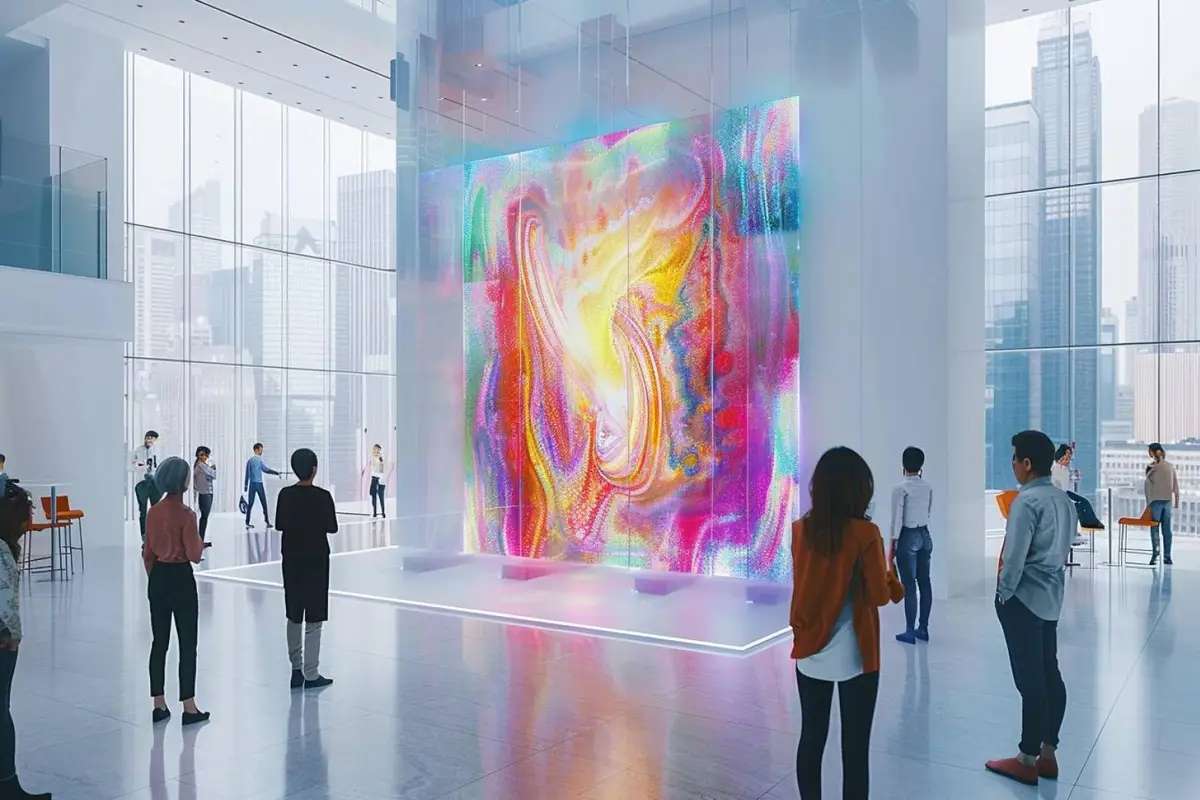 Visiteurs observant une œuvre numérique pixelisée et une expérience en réalité augmentée dans une galerie contemporaine