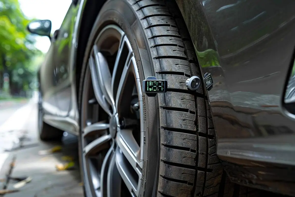 Technicien contrôlant la pression d’un pneu de voiture avec un manomètre dans un atelier lumineux