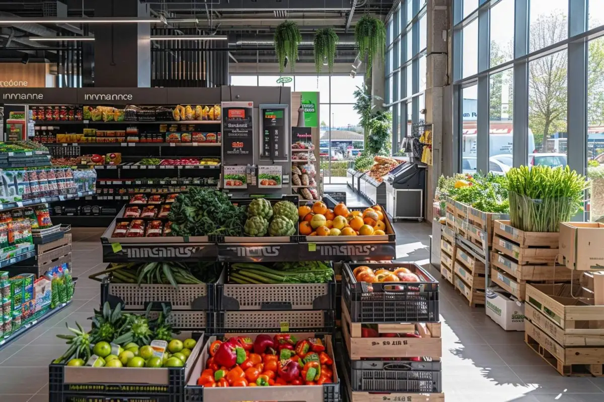 Entrée d’un supermarché de proximité avec chariots et clients de dos, dans une lumière de fin de journée