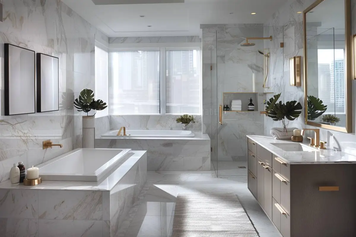Mur de salle de bain peint avec un effet marbre blanc cassé et des veinures grises discrètes derrière un meuble vasque