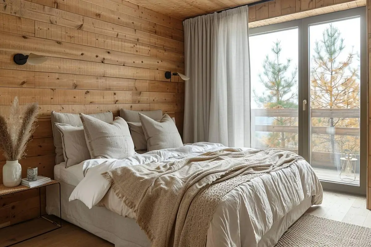 Chambre apaisante avec mur de tête de lit en lambris de chêne clair, linge beige et éclairage chaud