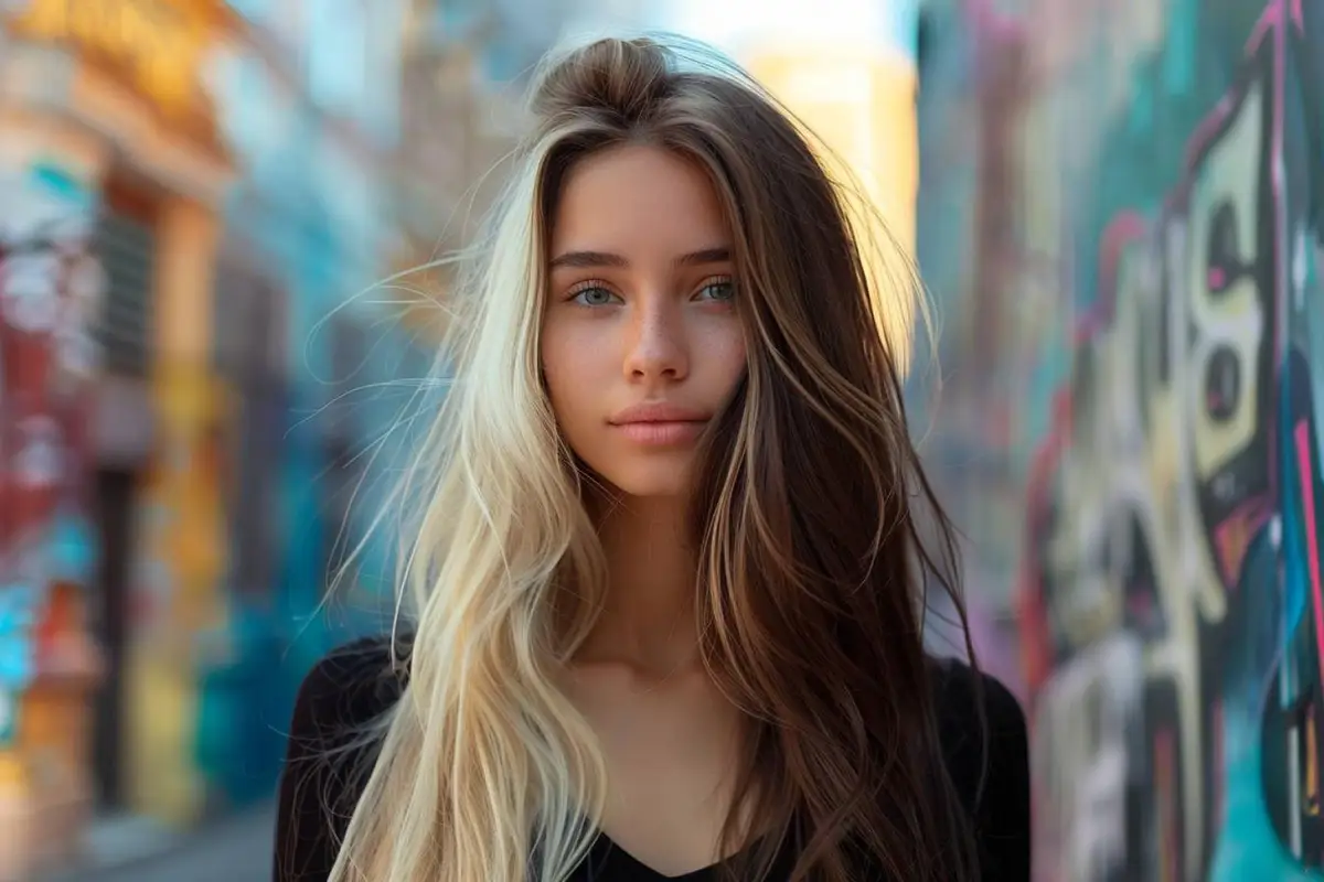 Deux silhouettes de dos, l’une blonde et l’autre brune, dans une rue éclairée pour comparer les contrastes capillaires.