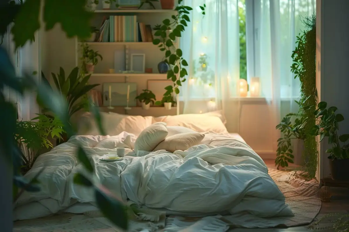 Studio de 20 m² lumineux avec lit à rangement, table compacte, étagères et passage dégagé
