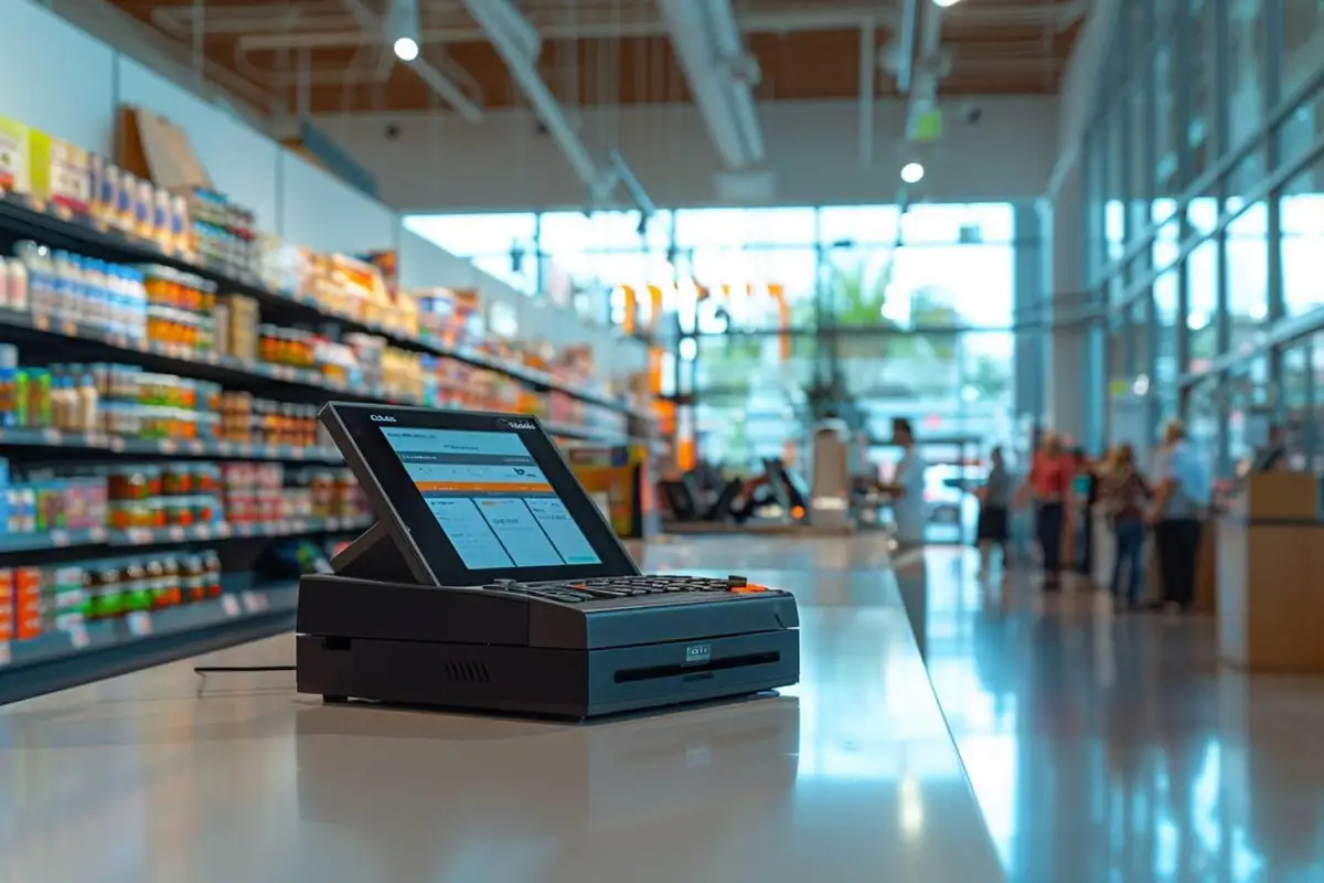 Comptoir d’un commerce équipé d’une tablette POS, d’un lecteur de cartes et d’un scanner de codes-barres