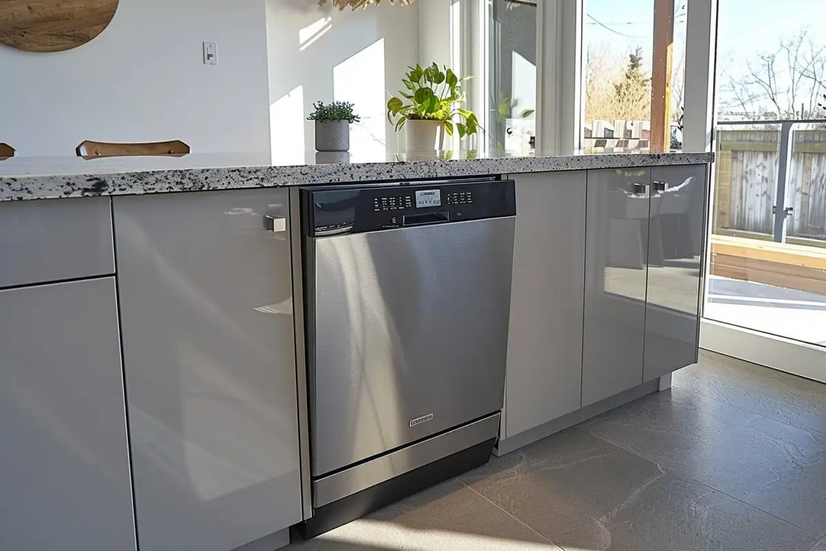 Installation d’un lave-vaisselle encastrable avec niveau à bulle et raccordements visibles dans le meuble voisin