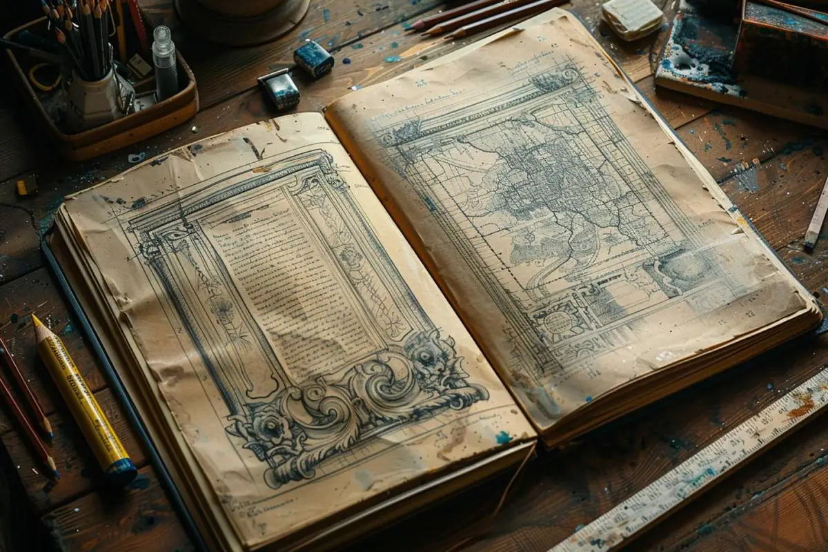 Mains dessinant un parchemin réaliste au crayon avec ombres, rouleaux et teintes ocre sur papier blanc