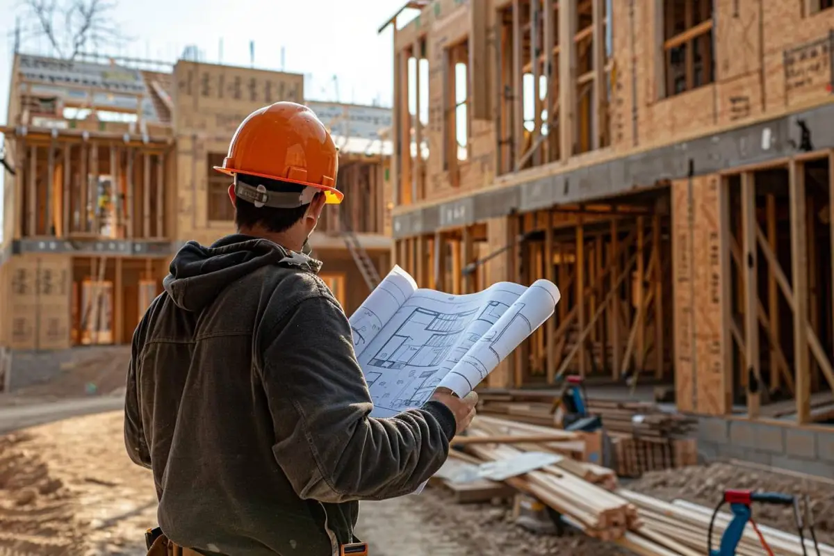 Chantier d’une maison en autoconstruction avec plans, outils et ossature bois déjà mise hors d’eau