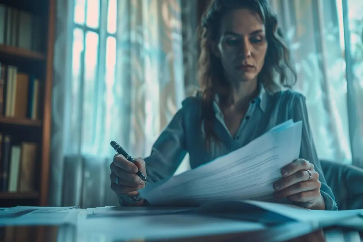 Salariée rédigeant une lettre de démission à son domicile pendant un arrêt maladie, avec calendrier et enveloppe