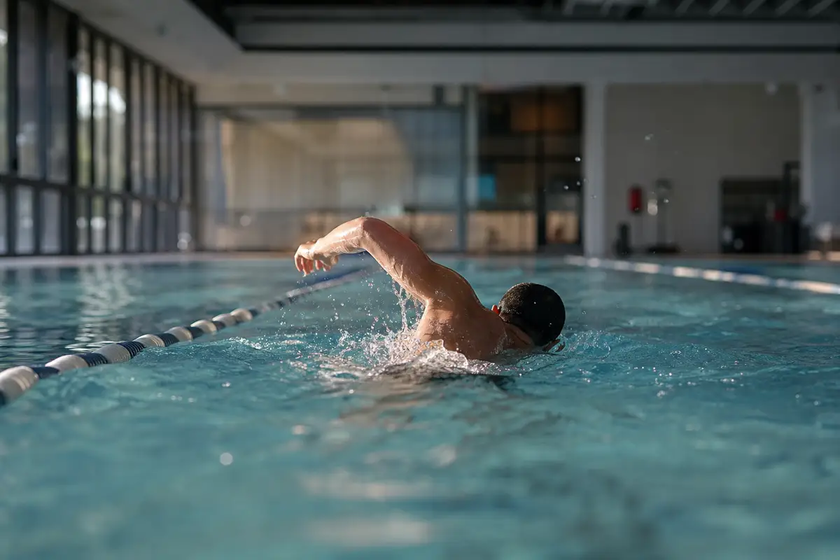 Nageur effectuant des longueurs tranquilles dans une piscine intérieure, dans une démarche de bien-être digestif
