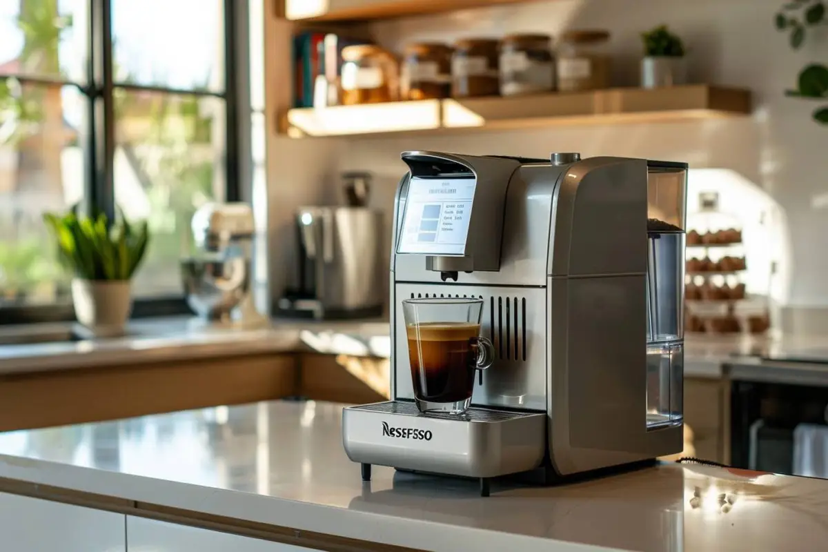 Station café organisée dans un bureau avec machine à capsules, mugs, rangements et bac de collecte