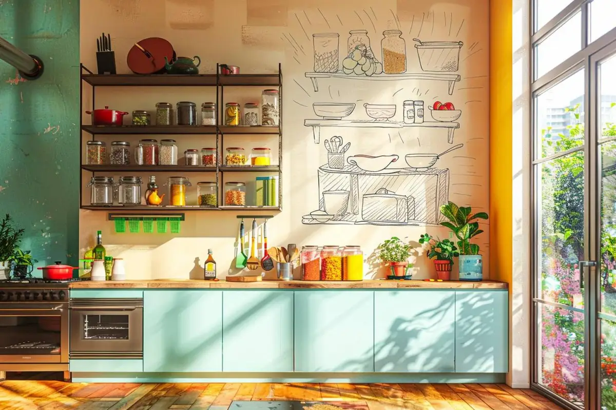 Illustration de cuisine posée sur une table, observée à la loupe pour repérer une forme cachée dans le décor