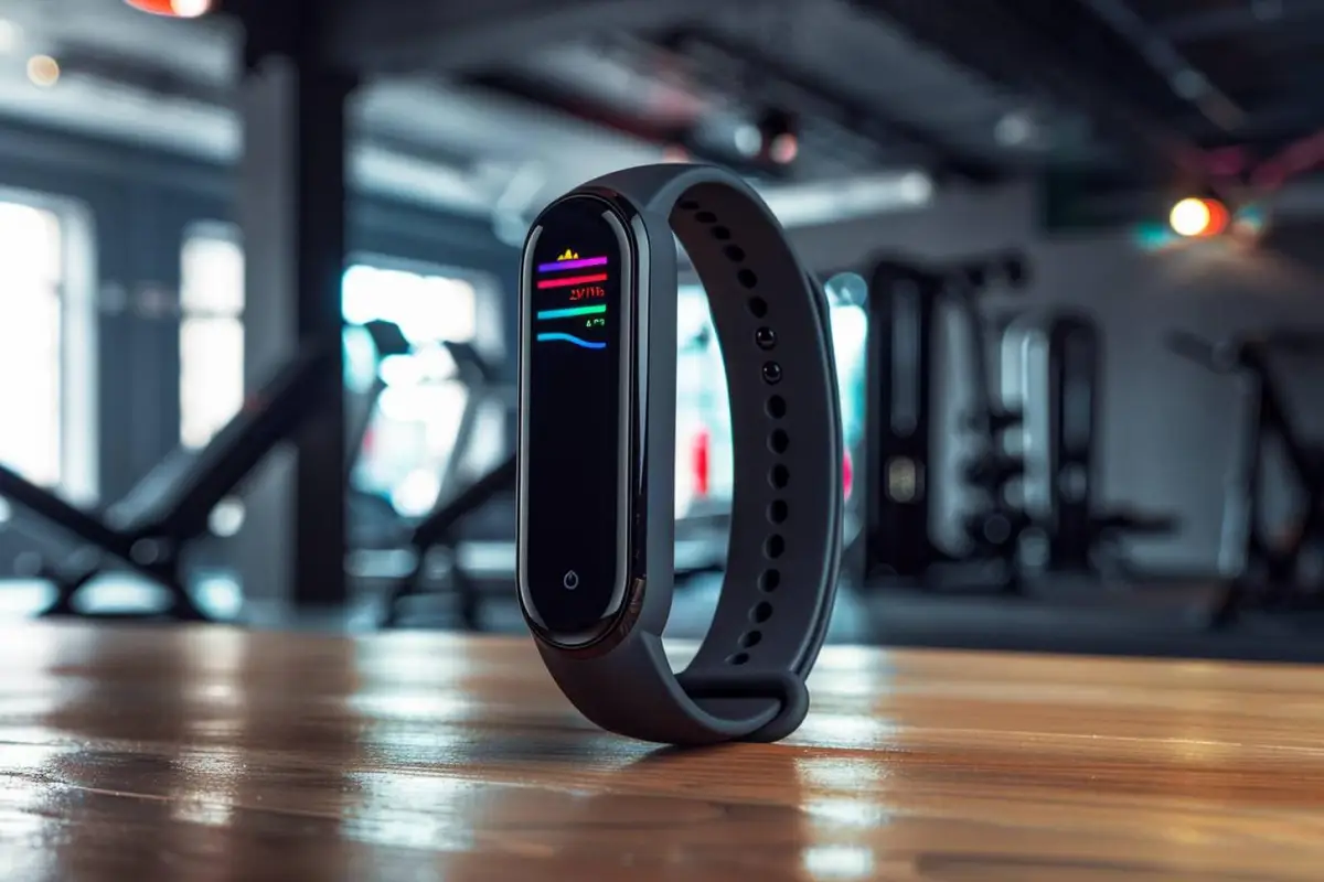 Bracelet connecté sobre posé près d’un téléphone, de chaussures de marche et d’un carnet de suivi quotidien