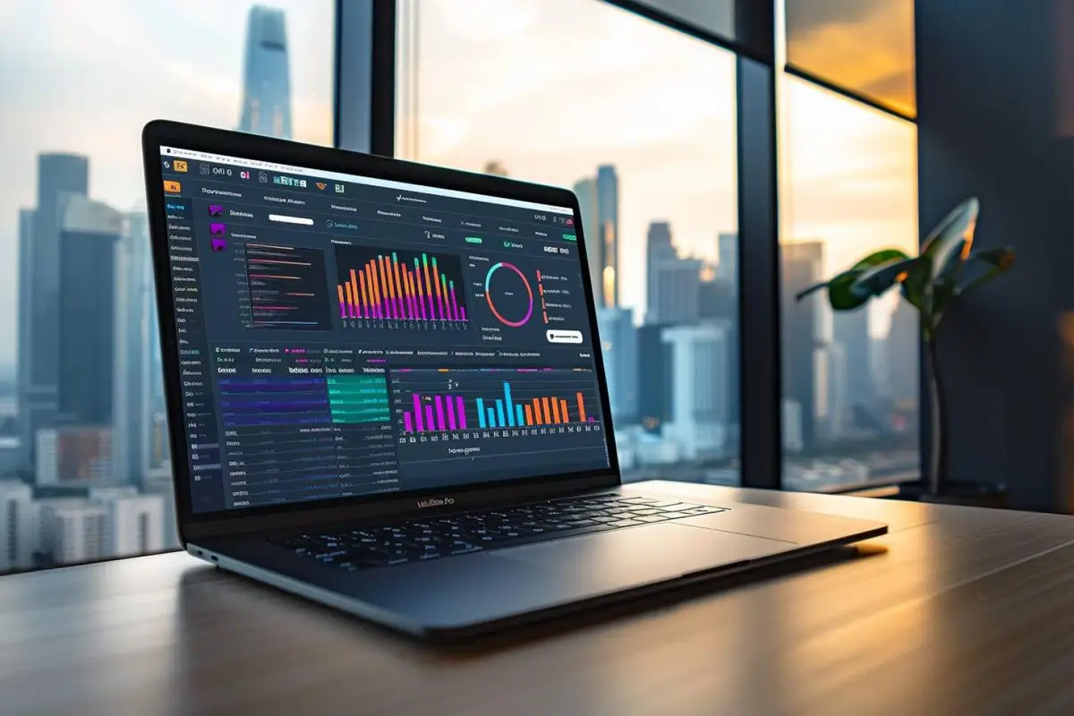 Mac ouvert sur un environnement Windows de gestion, avec documents, clavier et support de sauvegarde sur un bureau.
