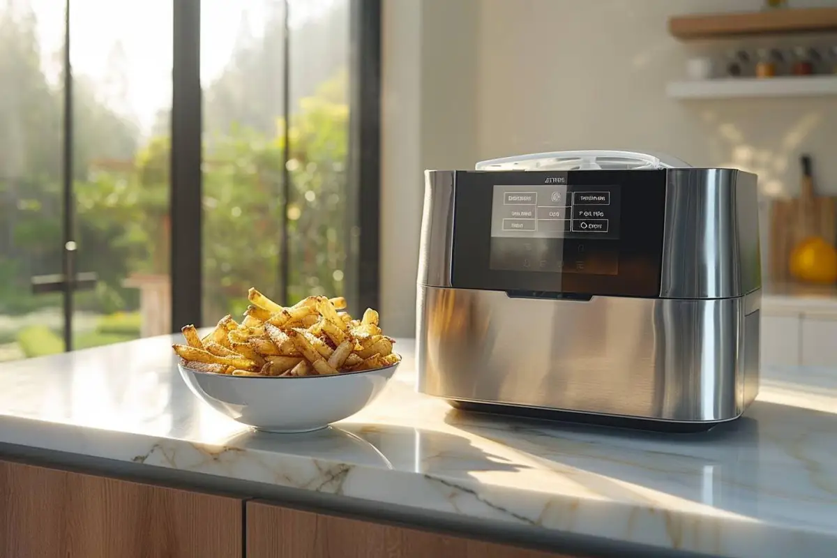 Frites fraîches dorées dans le bac d’une friteuse à air chaud avec pommes de terre crues à côté